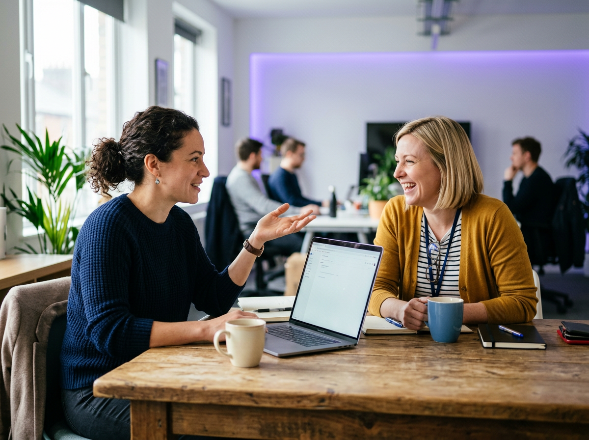 Two colleagues discussing whether AI training or automation fits their business