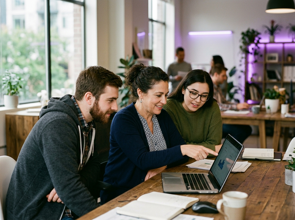 Small business team learning to use AI together on a laptop