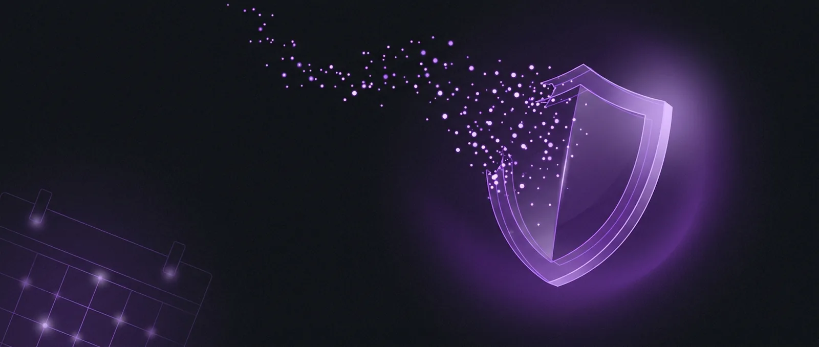 Abstract illustration of a shield dissolving into particles, representing meeting data leaving a protected boundary