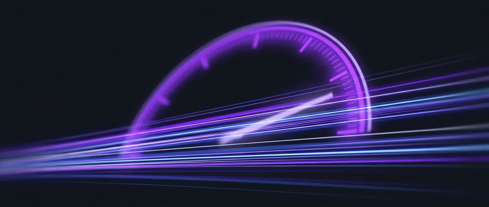 Abstract illustration of website page speed shown as a glowing speedometer and light trails