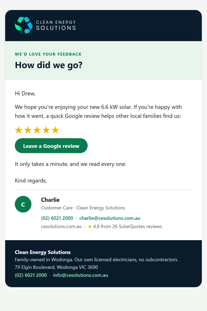 The review request with a Leave a Google review button