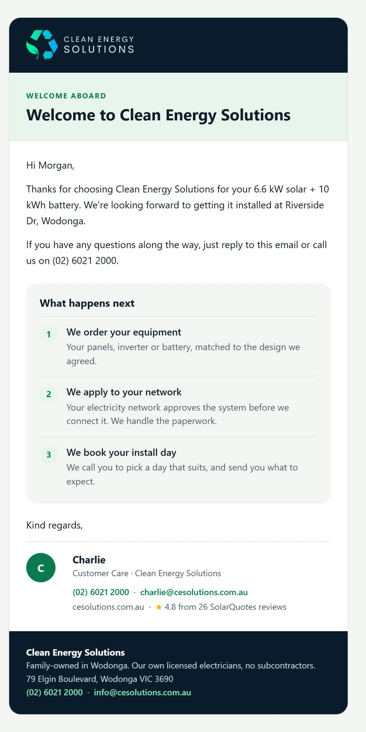 The welcome email every new customer receives, with what happens next