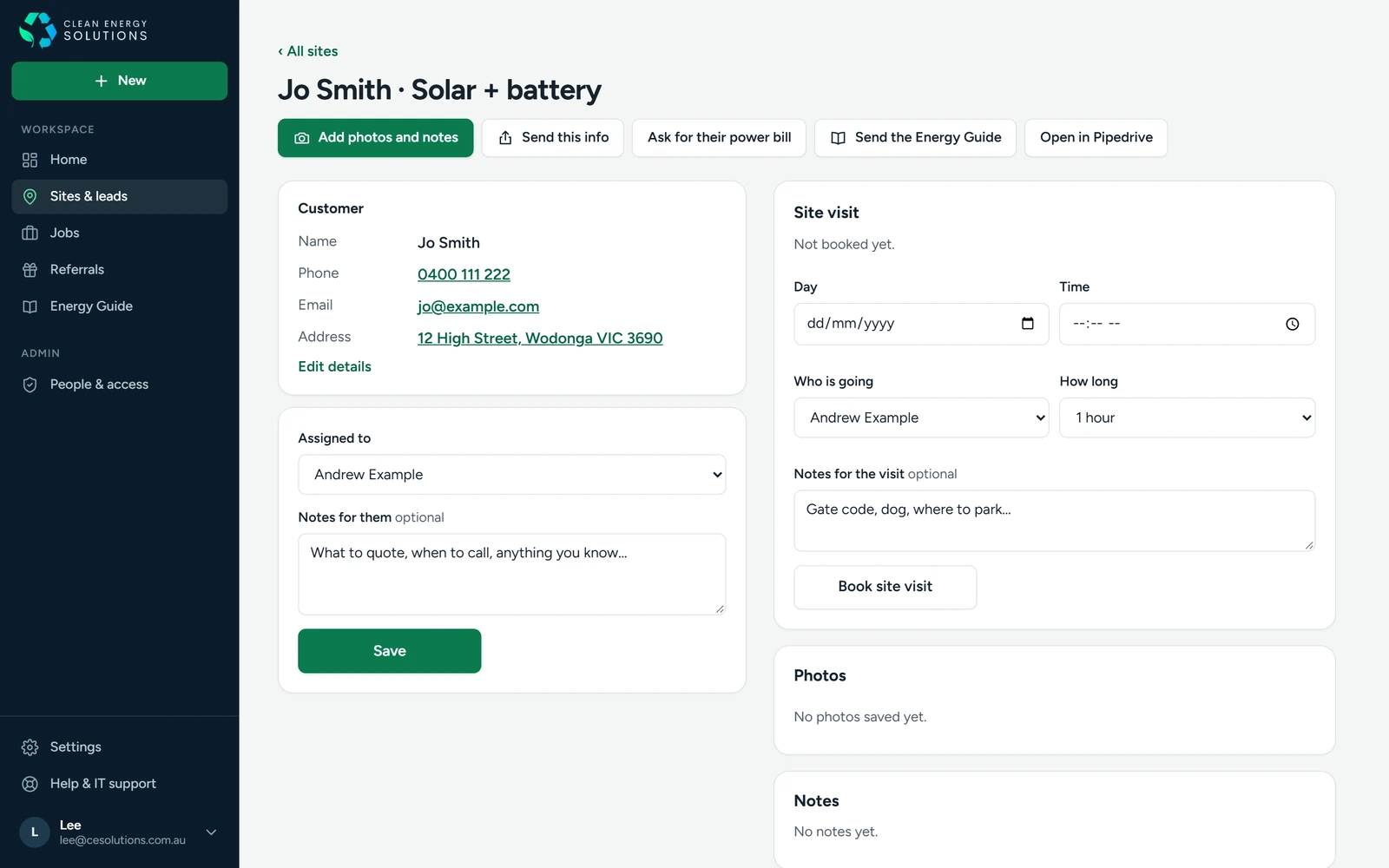 A lead in CES Hub: customer details, assignment, site visit booking, photos and notes