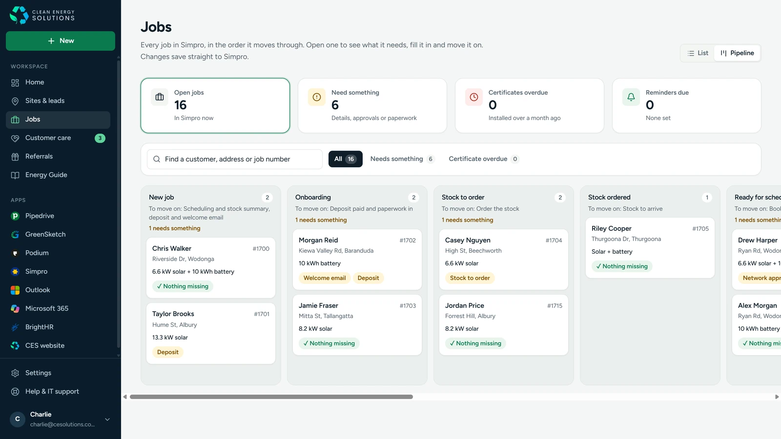 Simpro jobs as a pipeline: each stage with its jobs and what they need
