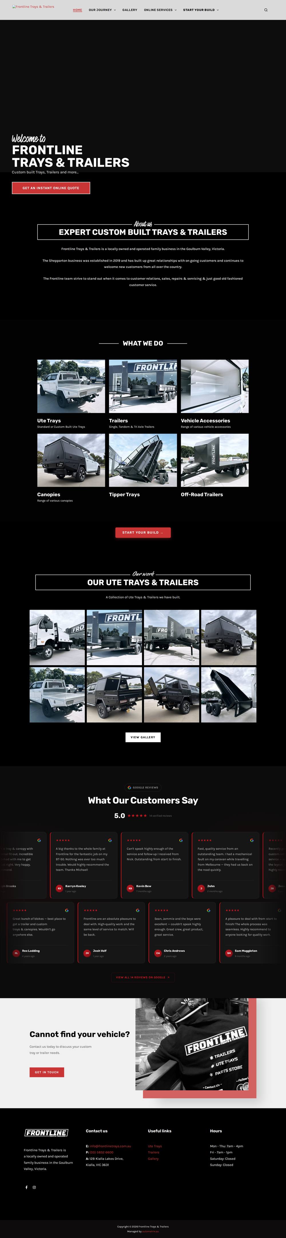 Full Frontline Trays & Trailers homepage built by Automatrix