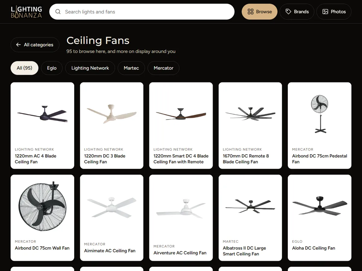 The kiosk's ceiling fans list: 95 fans, filtered by brand