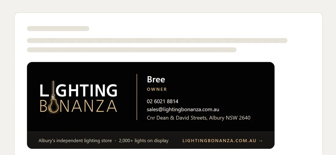 The Lighting Bonanza email signature: the logo, name and role, phone, email and showroom address, with lightingbonanza.com.au