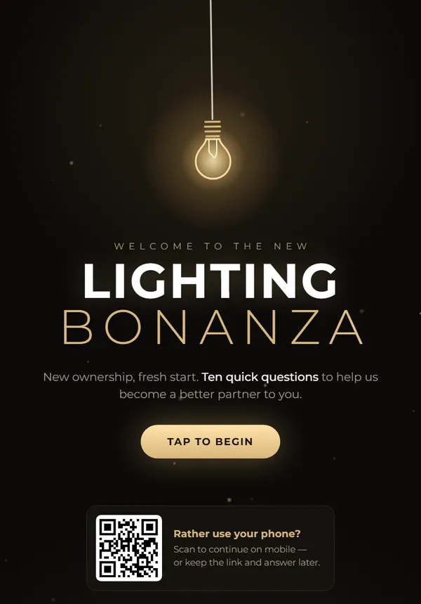 The supplier kiosk welcome screen: Welcome to the new Lighting Bonanza, ten quick questions, with a tap to begin button and a QR code to continue on a phone